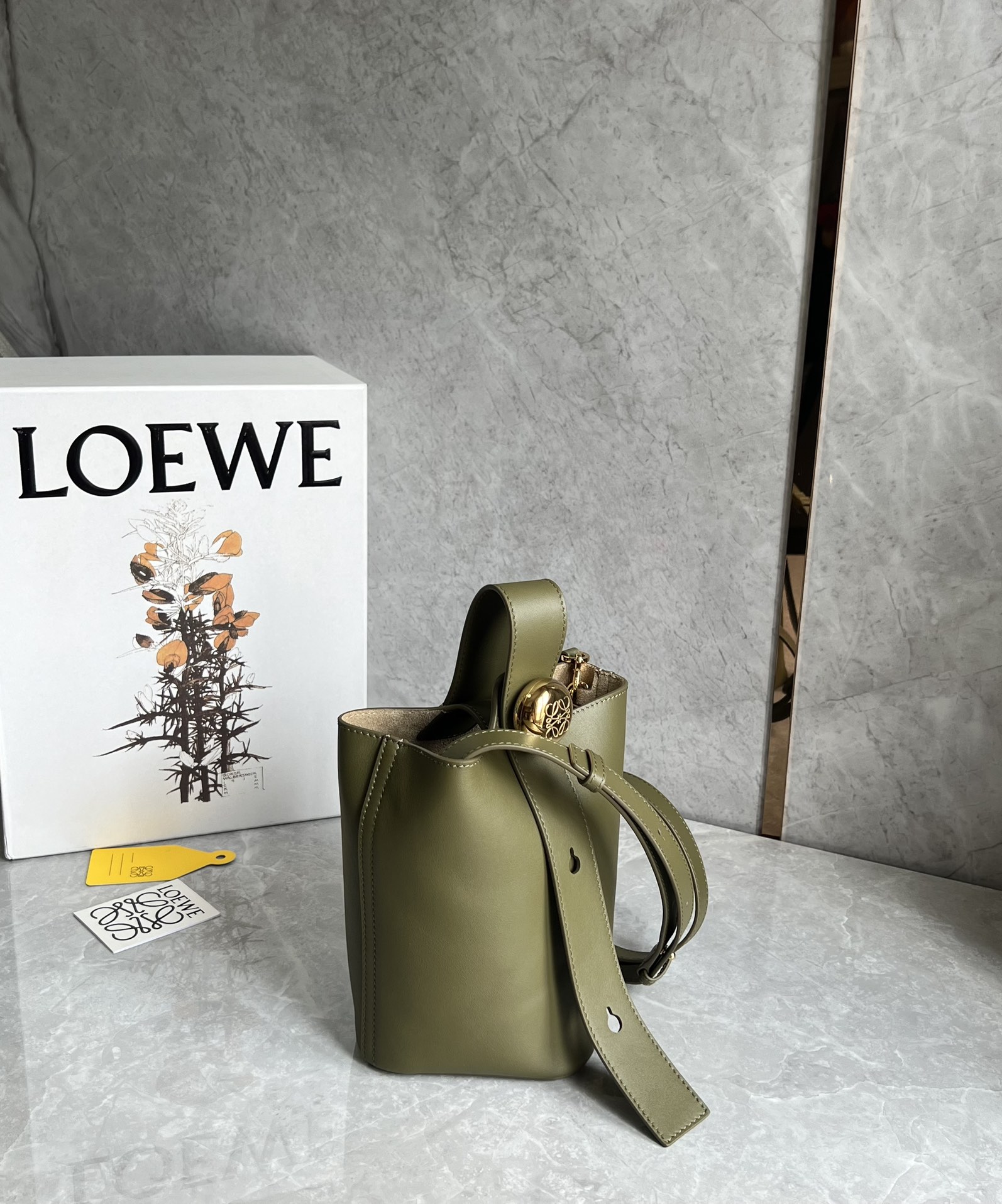 Loewe Mini Pebble Bucket in Mellow Calfskin Green